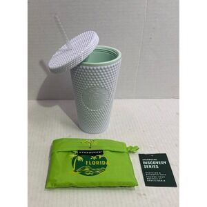 Starbucks Studded White Green Tumbler Lid Straw Reusable Tote Lot of 2 Items New
